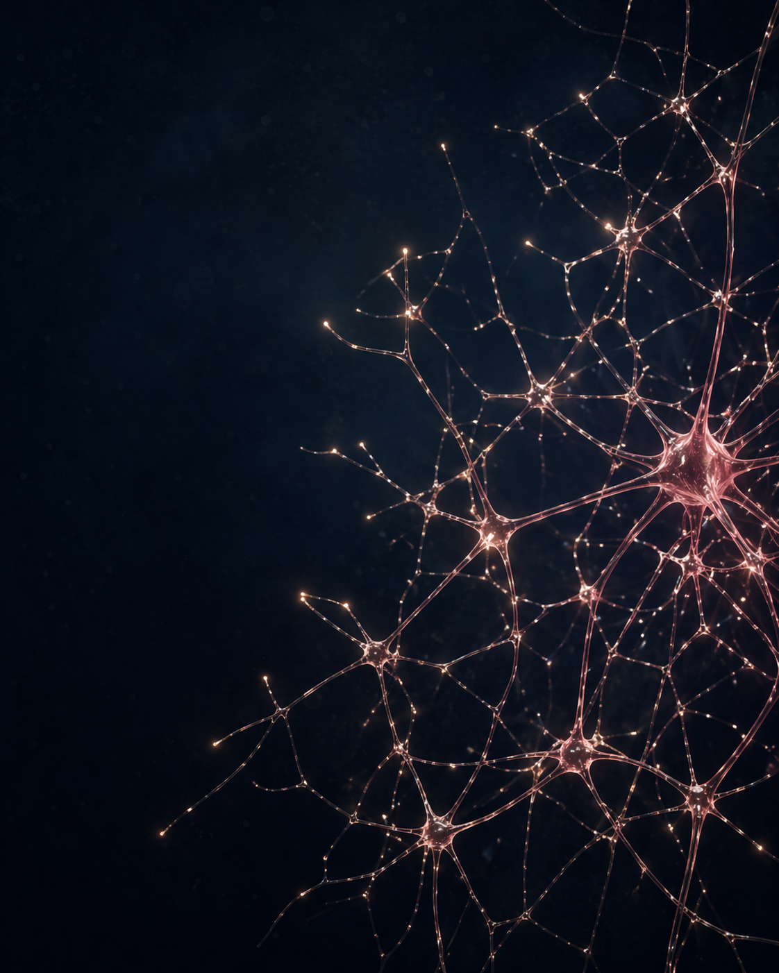 Filament study — abstract 3D render of neural pathways in dusty rose on deep navy, by Arina Zhurakovskaia